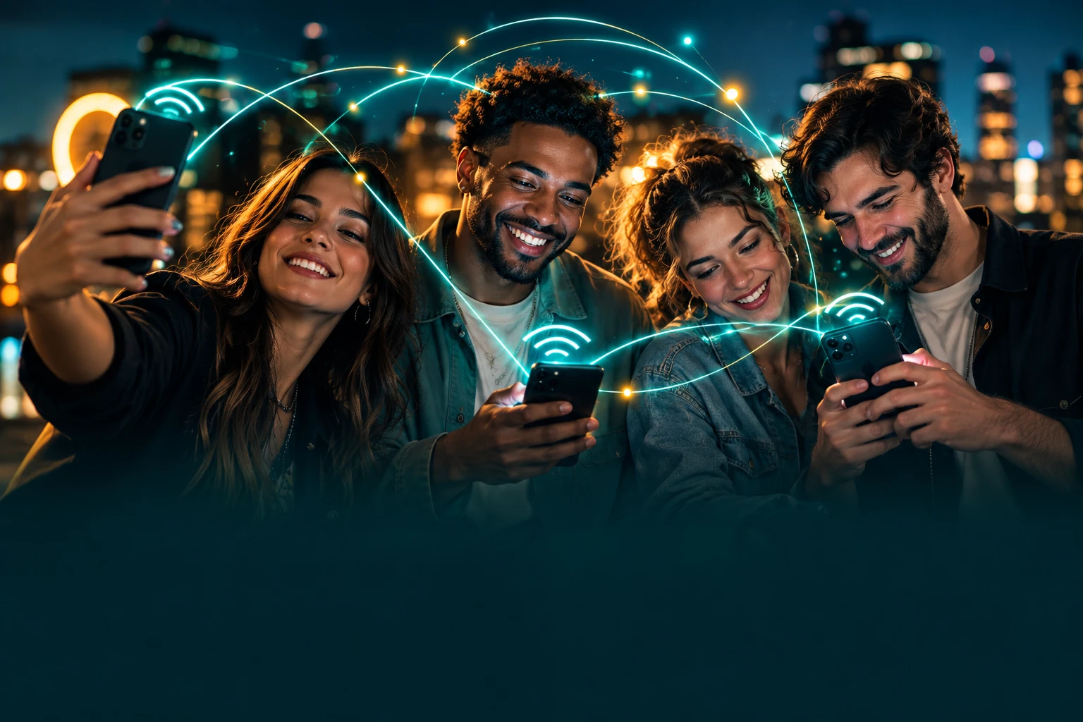 Amigos sorrindo e usando o celular conectados com o chip SOL Telecom