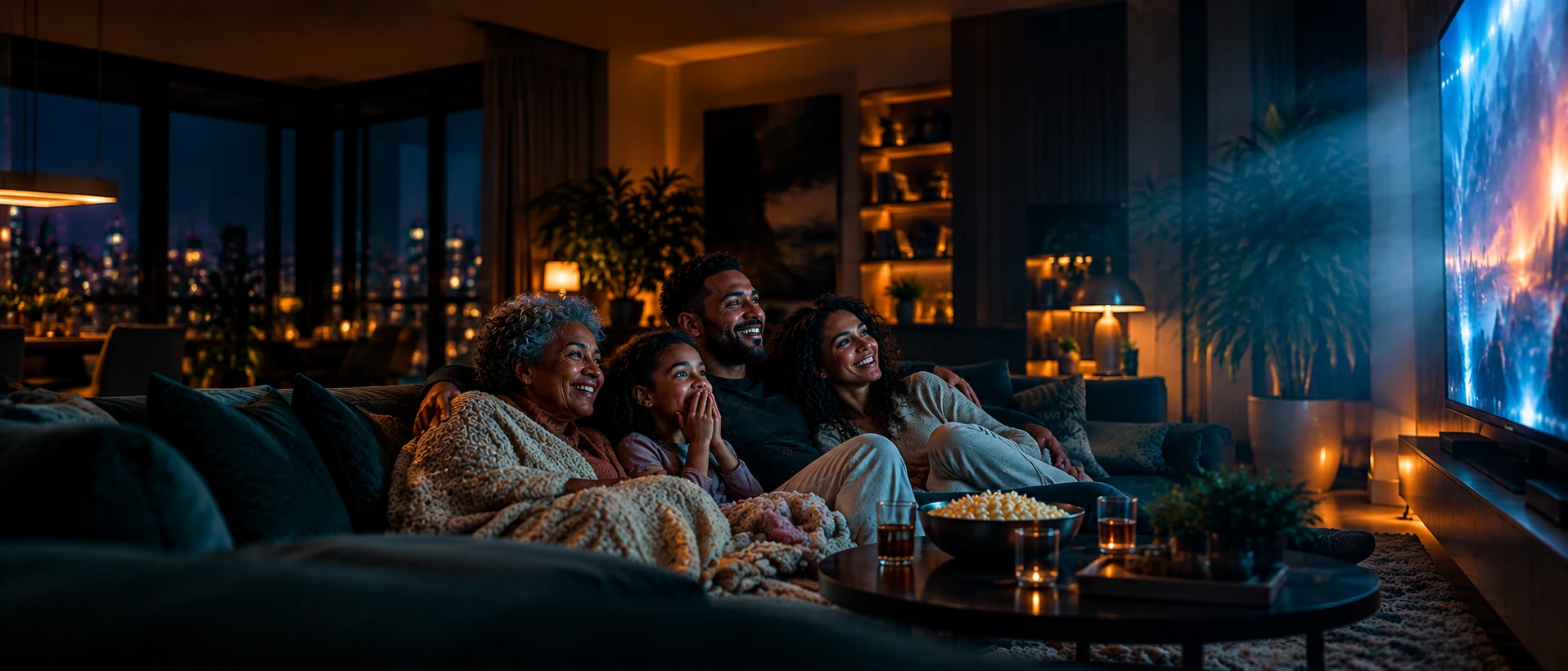 Família assistindo filme na sala com TV Watch Premium da SOL Telecom